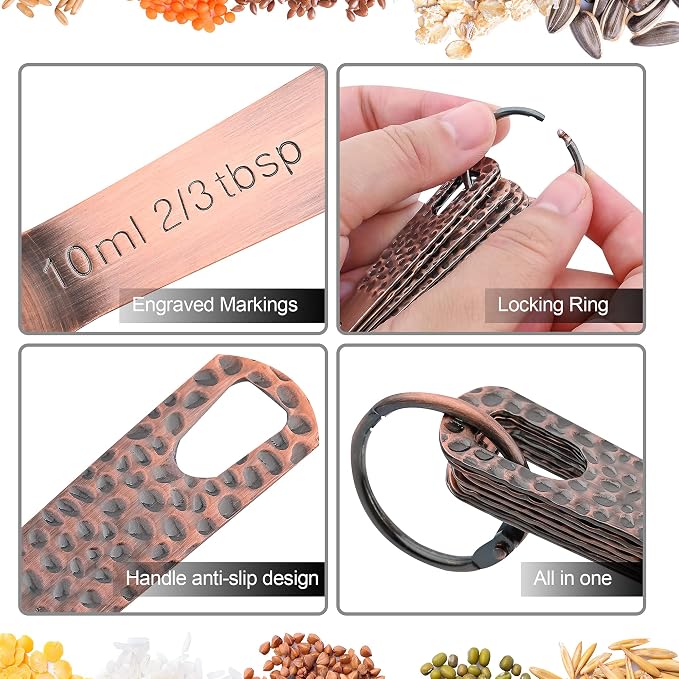 Measuring Spoons Set, Copper Measuring Spoons Set, Stainless Steel Measuring Spoons, Copper Plated Measuring Spoons, 6 Measurer Spoons (Copper-6spoons+1ring)
