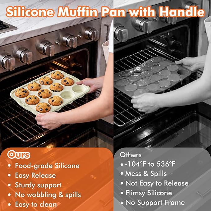 2 Pack Silicone Muffin Pan for Baking with Metal Reinforced Frame, Foldable 12 Cup Regular Size Nonstick Cupcake Pan, Muffin Tray for Baking, Dishwasher Safe Egg Bite Molds for Oven，Beige