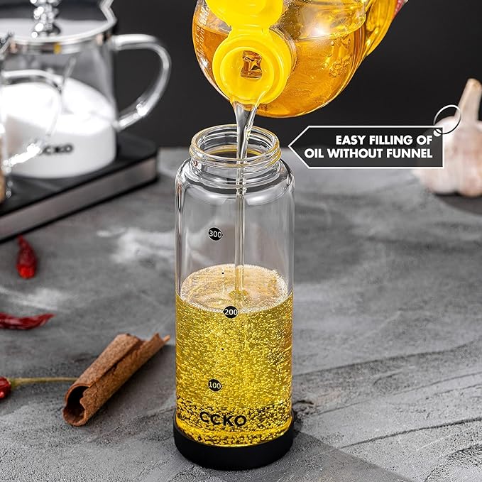 CCKO Glass Olive Oil Dispenser Bottle with Stainless Steel Spouts Shatterproof Glass Olive Oil Bottle 350ml Cooking Oil and Vinegar Cruet Bottle Container Carafe for Kitchen