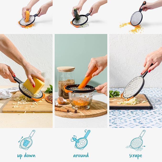 Dreamfarm Ograte Double Sided Cheese Grater - 6mm Coarse Grating, Orange | Multi-directional handheld food and vegetable shredding plane with bowl hook and non-slip foot, flat for space-saving storage