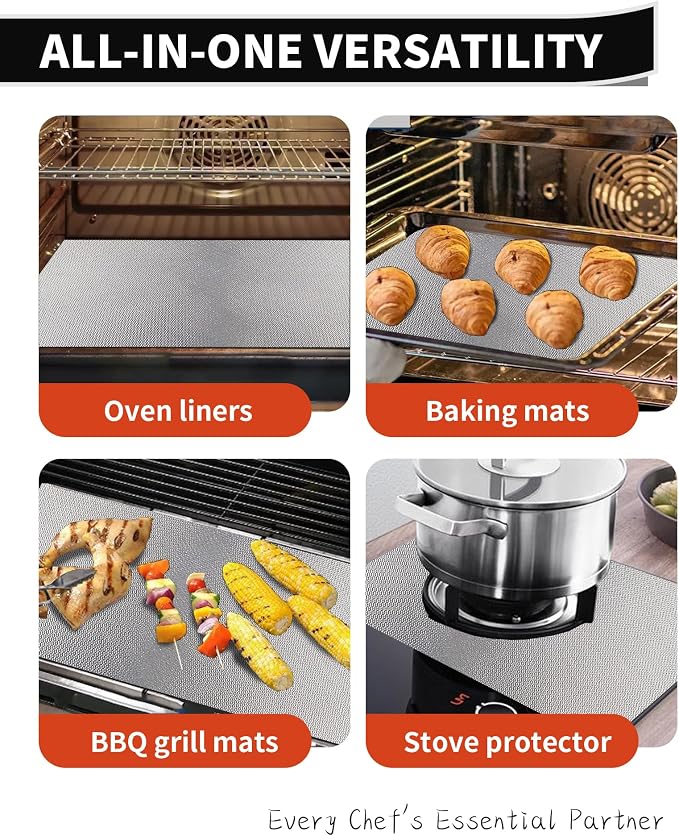 Oven Liners for Bottom of Oven - 4 Pack Large Heavy Duty Oven Mats, 17"x 25" Reusable Matt Liner for Electric, Gas, Toaster Ovens & Grills, BPA & PFOA Free, Kitchen Essentials, Silver