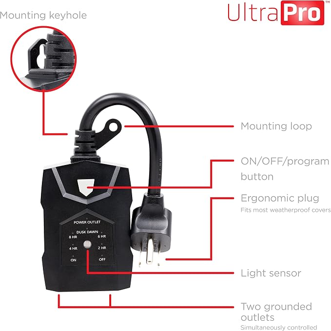 UltraPro Outdoor Dusk to Dawn Outlet Timer with Countdown, Dual Outlet Light Sensor Plug, 8/6/4/2 Hour Settings, Weather‑Resistant Seasonal & Landscape Lighting Control, 1 Pack, Black, 70386