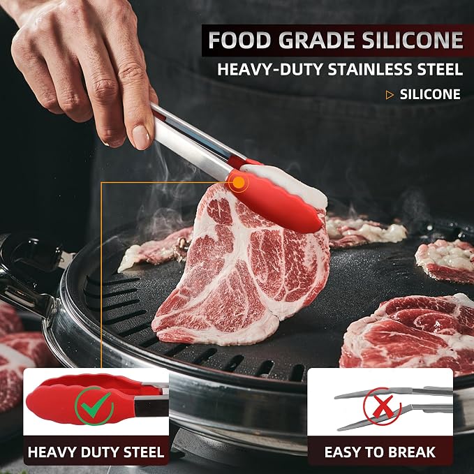 Pack of 3 Stainless Steel Kitchen Tongs with Silicone Tips – Non-Stick Cooking, Grilling & BBQ Tongs for Serving, Dishwasher Safe, 7", 9" & 12" (Pack of 3 Red)