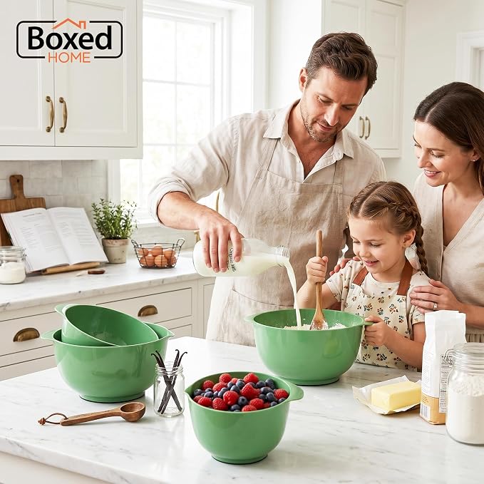 BoxedHome Classic Mixing Bowls Set of 4, BPA Free Plastic Microwave Safe | 4.5, 3.5, 2.5 and 1.7 QT, Non-slip Base Large Non-toxic Nesting Bowl with Pour Spout, Dishwasher Safe, for Prep, Cooking