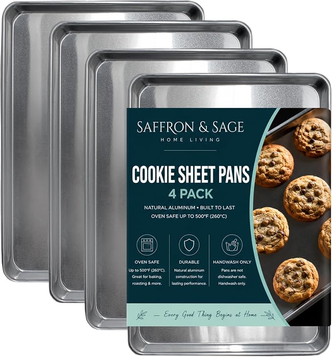 Commerical Quality Cookie Sheet Pan - 4 Pack Aluminum Half Sheet Baking Pan by Saffron & Sage Home Living - This 18x13 Baking Sheet Set is Rust & Warp Resistant, Heavy Duty, of Thick Gauge