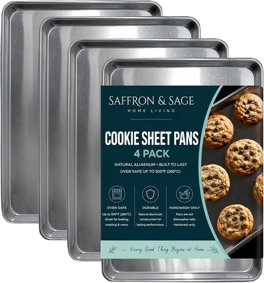 Commerical Quality Cookie Sheet Pan - 4 Pack Aluminum Half Sheet Baking Pan by Saffron & Sage Home Living - This 18x13 Baking Sheet Set is Rust & Warp Resistant, Heavy Duty, of Thick Gauge