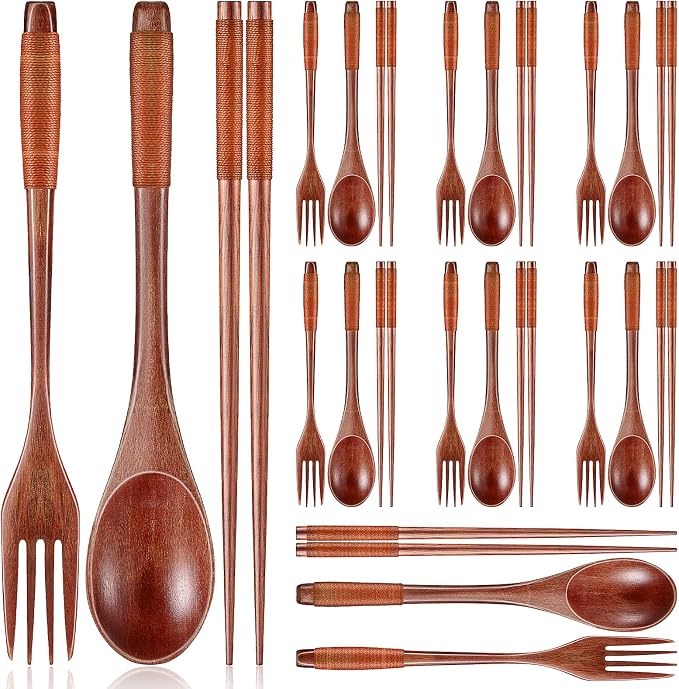 Vesici 24 Pieces Wooden Spoons Forks Chopsticks Set Wooden Flatware Tableware Cutlery Reusable Handmade Travel Flatware Set for Cooking Stirring Eating Mixing