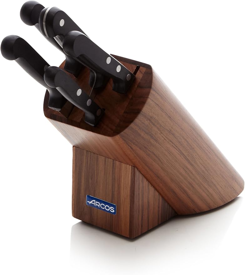 ARCOS Knife Set 5 pieces Nitrum Stainless Steel. Greater cutting power. Pine Wood Block. Ergonomic Polyoxymethylene POM Handle. Series Universal. Greater control. Color Black