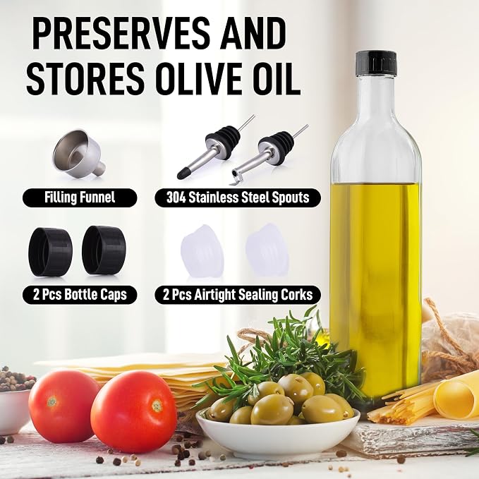 Zulay Kitchen 17oz Olive Oil Dispenser Bottle – Glass Oil Cruet with Spout, Funnel & Pourers, Easy-Pour Decanter for Kitchen Cooking and Serving (Clear)