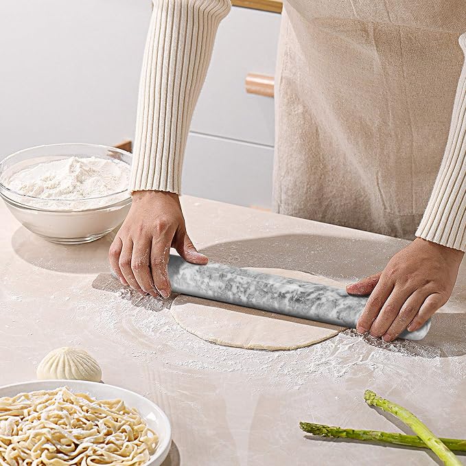 ComSaf Marble Rolling Pin with Wood Cradle 12 Inch White, Non-Stick Dough Roller Professional Essential Kitchen Utensil French Heavy Duty for Baking, Pizza, Fondant, Pie Crust, Cookie, Pastry