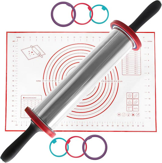 Rolling Pins,Rolling Pin and Silicone Baking Pastry Mat Set,Rolling Pins,Adjustable Stainless Steel Rolling Pin with Thickness Rings for Baking Dough,Pizza,Pie,Pasta(Red Mat)