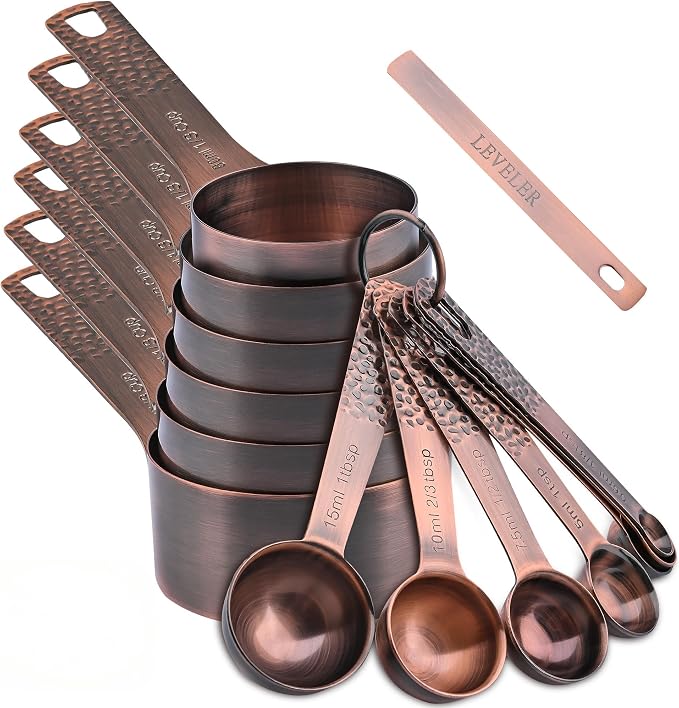 Measuring Cups and Spoons Set 14, Copper Measuring Cups and Spoons Set for Dry & Liquid, Metric & US Stainless Steel 6 Measure Cups and 7 Spoons Set w/Leveler for Kitchen & Baking