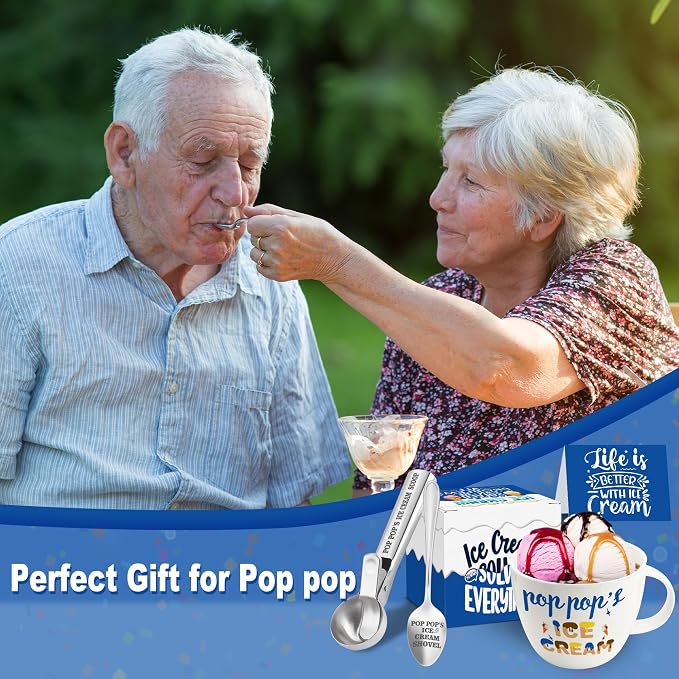 Pop Pop Gifts, Gifts for Pop from Grandkids on Fathers Day, Poppop's Ice Cream Bowl Scoop Shovel Spoon Set, Poppop’s Ice Cream Gift, Christmas Birthday Father's Day Pop Gift for Him Man
