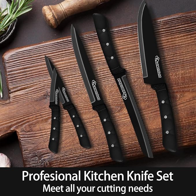 Kitchen Knife Set, Black Flower 6PC Stainless Steel Sharp Chef Knife Set with Acrylic Stand, Cooking Non-slip Knife Set with Block, Non-stick Colorful Coating Gift for Women Girls (Dark Black)