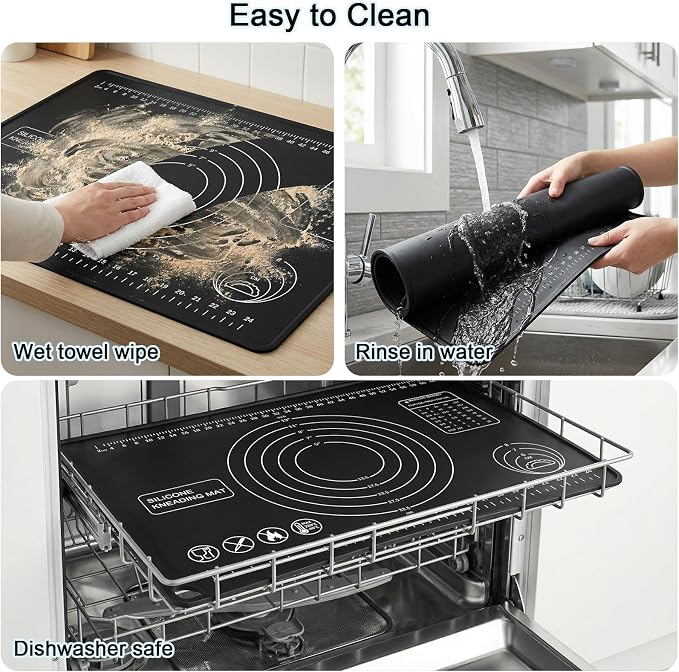 Silicone Pastry Mat 28" x 20" Extra Thick Silicone Baking Mat with Measurements and Edge Heightening Non-stick Food Grade Dough Rolling Mat Kneading Sheet for Pastry, Bread, Cookies (Black)