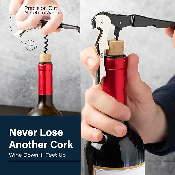 HiCoup Kitchenware Wine Opener - Professional Corkscrews for Wine Bottles w/Foil Cutter and Cap Remover - Manual Wine Key for Servers, Waiters, Bartenders and Home Use - Stainless Steel Black