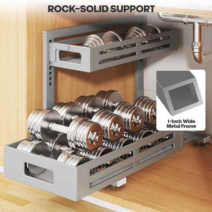 2 Pack 19IN-Depth Under Sink Organizer,Pull Out Cabinet Organizer With Smooth Cylindrical Rail,Metal Slide Out Drawer for Kitchen Bathroom Laundry,8-Level Tool Free Height Adjustable-Gun Gray