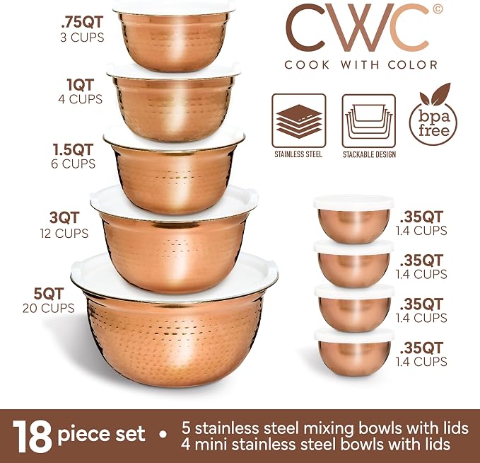 COOK WITH COLOR 18 Piece Mixing Bowls Set with Airtight Lids, Handcrafted Stainless Steel Bowls, Food Storage Containers, Meal Prep, Nesting Salad Bowls For Cooking, Baking, Kitchen, Copper - Hammered
