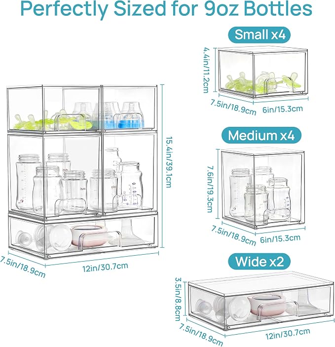 Vtopmart Clear Stackable Storage Drawers Set of 10, Baby Bottle Organizer | Multi-purpose Boxes for Bathroom Accessories, Beauty Supplies, Ideal for Kichen Countertop, Bathroom, Pantry Organization