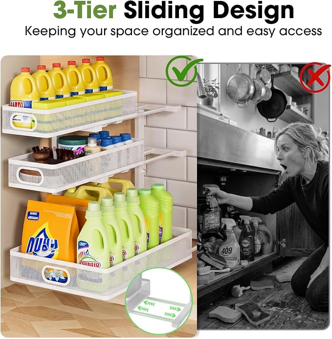 Under Sink Organizer 3 Tier, 2 Pack L-Shaped Pull-Out Cabinet Organizer with Sliding Metal Mesh Drawers, Height Adjustable Under Sink Storage Rack for Kitchen Bathroom Cabinet, White