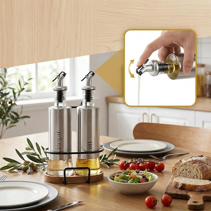 Tebery 2 Pack Olive Oil and Vinegar Bottle Set with Rack and Wooden Base, 10OZ Olive Dispenser Glass Cooking Oil Cruet Bottles with Pourers and Funnel for Kitchen