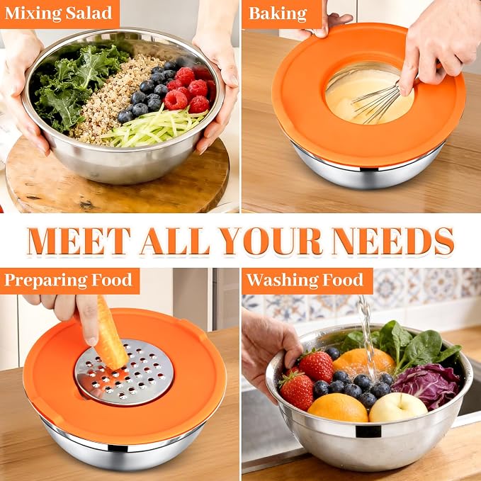 21PCS Mixing Bowls with Lids Set - 7 Nesting Mixing Bowls, 3 Graters, 11 Baking Tools, Lids, Stainless Steel Mixing Bowl for Mixing & Baking, Size 0.7/1.1/1.5/2.1/3.5/4/4.5 QT, Colorful