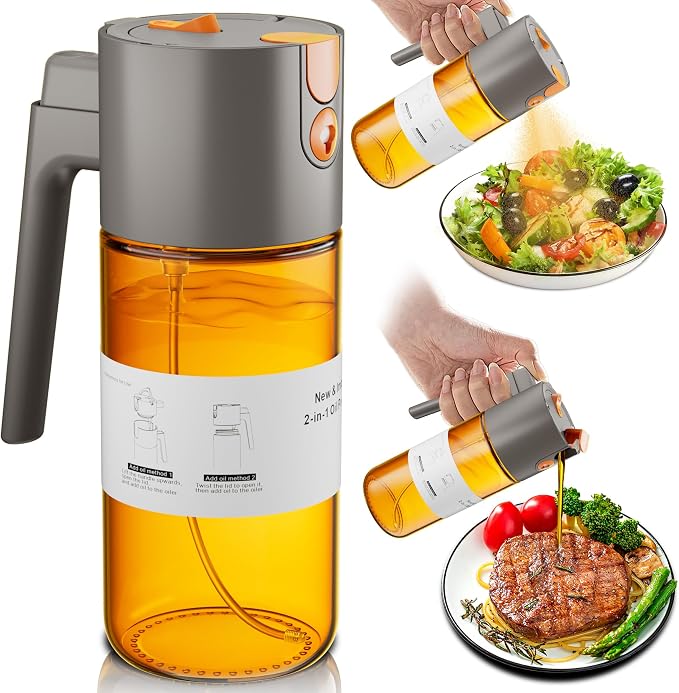 LAKUMIQI 2 in 1 Oil Sprayer for Cooking, 17oz | Light-Blocking Glass Spray Bottle with Stickers, Oil Dispenser for Salad, Air Fryer & BBQ