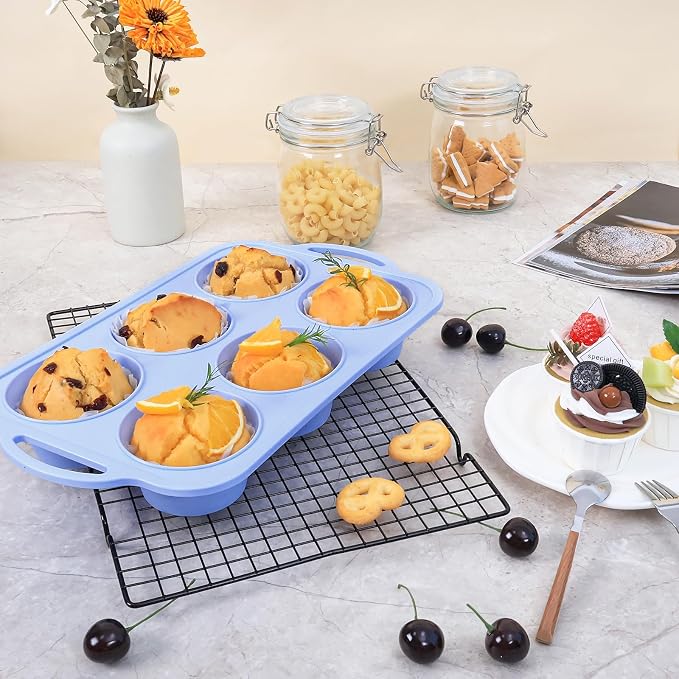 Jumbo Silicone Muffin Pan with Frame, Non Stick Large Cupcake Baking Tin | Silicone Cupcake Pan with Handles 6 Cup, BPA Free Silicon Muffin Tin Tray Extra Large for Baking Egg Bites Mold Vnray Blue