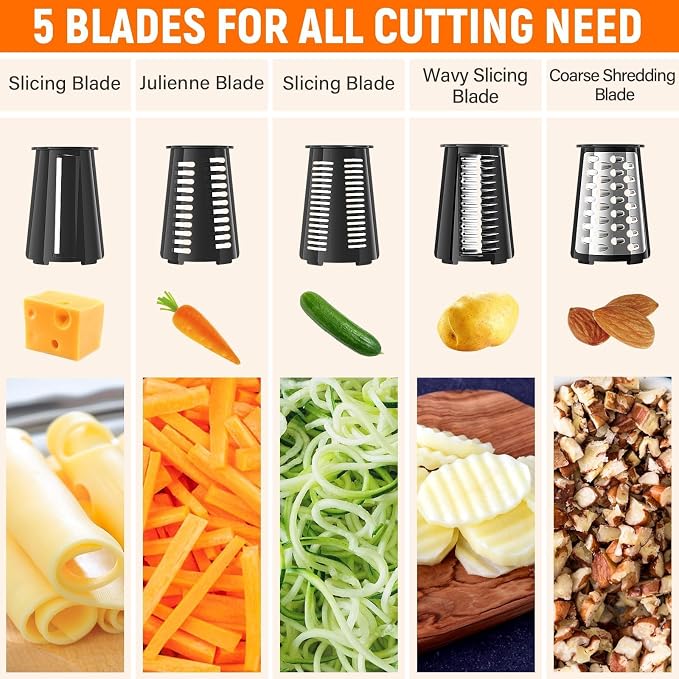 Rotary Cheese Grater Hand Crank, 5-in-1 Vegetable Shredder Chopper Spiralizer Slicer with 5 Interchangeable Blades for Vegetable, Cheese, Fruit, with Blades Storage Box & Stable Suction Base (Black)