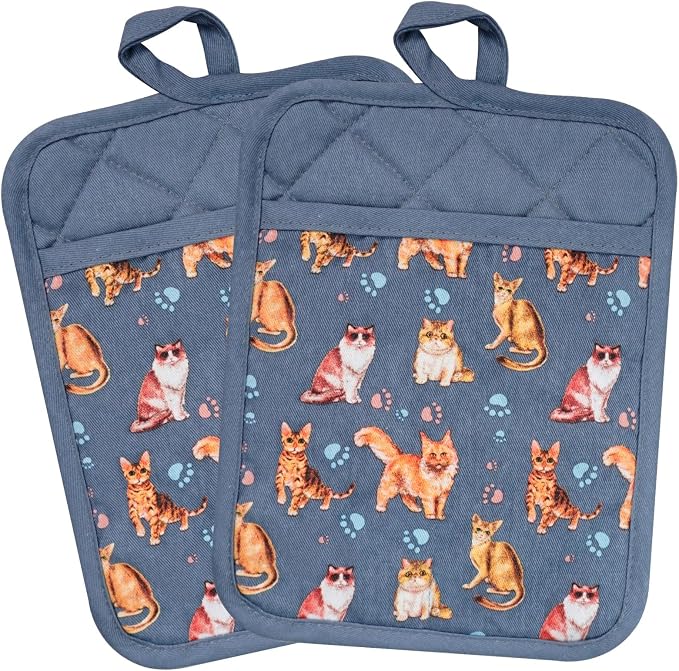Pot Holders Set of 2 Heat Resistant 480 ℉Non Slip Clear Silicone Printed Comfortable Cotton Lining Kitchen Women Men Cooking Baking Microwave Machine Washable (Cat, Grey potholders)