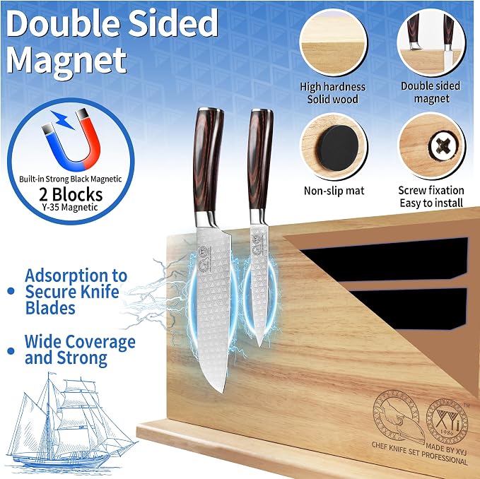 XYJ Authentic Since 1986 Magnetic Knife Block, Powerful Double-Sided Wooden Magnetic Knife Holder, Cutlery Display, Universal Kitchen Knife Stand Storage Rack Without Knives