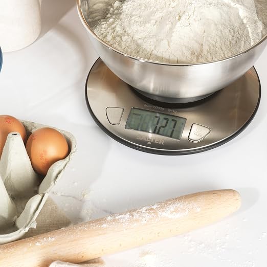 Salter Kitchen Scale with Bowl – Multiple Measure, Measures Liquid, 5kg/11lbs Max Capacity, 2l Steel Bowl, LCD-Display, Stainless-Steel, Dual Use, Perfect for Baking, Cooking, Meal Prepping