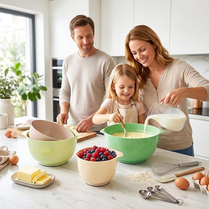 BoxedHome Classic Mixing Bowls Set of 4, BPA Free Plastic, Microwave Safe | 4.5, 3.5, 2.5 and 1.7 QT, Non-slip Base Large Non-toxic Nesting Bowl with Pour Spout, Dishwasher Safe, for Prep, Cooking