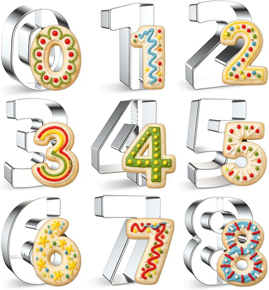 FUSOTO 9PCS Number Cookie Cutters Set, Birthday Numbers 0-8(6 Reverses to 9), 4 Inches Stainless Steel Cookie Cutters for Baking, Number Shaped Baking Tool for Homemaking Biscuit, Cookie, Dough
