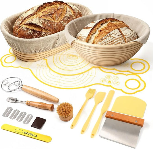 DOYOLLA Bread Proofing Baskets Set, 10 inch Oval & 8.5 inch Round Sour Dough Proofing Bowls w/Tools for Sourdough Bread Baking Supplies, Baking Gifts, Bread Making Kit