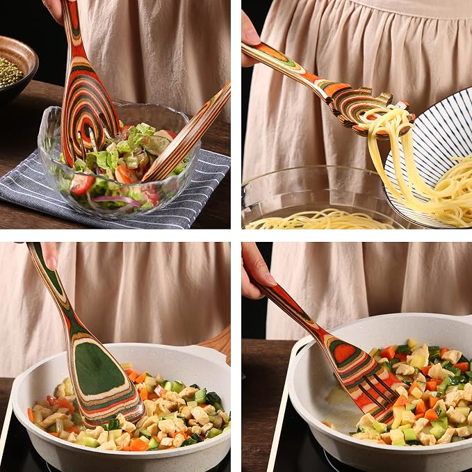 7Pcs Pakkawood Kitchen Utensils Set for Cooking, Wooden Spoons for Cooking, Safe Eco-Friendly, Non-Stick, Wooden Utensil for Cooking,Wooden Cookware Set, Housewarming Kitchen Gifts, Colorful