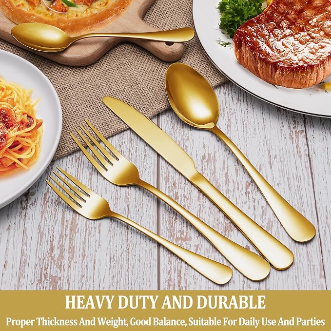 20 Pcs Gold Silverware Set Service for 4, Premium Stainless Steel Flatware Set, Cutlery Utensil Set, Durable Home Kitchen Eating Tableware Set, Include Fork Knife Spoon Set, Dishwasher Safe