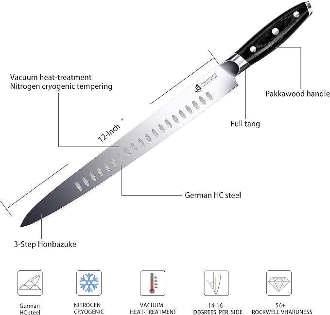 TUO Carving Knife - 12 Inch Brisket Slicing Knife for Grilled Meat and Bacon - High Carbon German Steel - Pakkawood Handle with Gift Box - BLACK HAWK SERIES