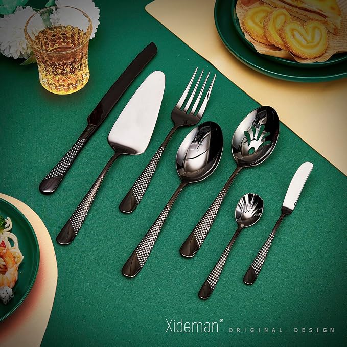 Xideman® 7-Piece Hammered 18/10 Stainless Steel Silverware Serving Utensil Set - Hostess Flatware with Cake Knife & Cake Server (Black)