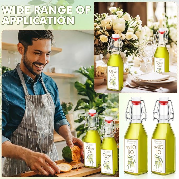 Havawish 16 Pcs 8 oz Mini Olive Oil Bottles Homemade Swing Top Clear Flip Top Bottles with Airtight Lids Labels for Storing Homemade Olive Oil Wedding Baby Shower Favors(Square)