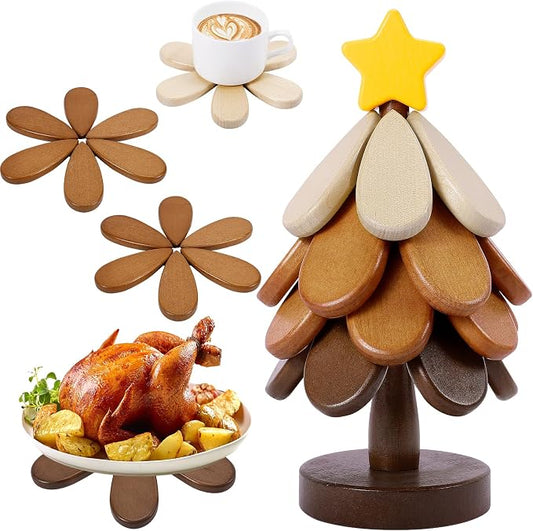 Wooden Tree Trivets for Hot Dishes,Tree Shape Coaster Set of 4 for Hot Pot Pans, Wood Trivet for Bowls Teapots Drinks Plates, Home Table Decor(Walnut Wood)