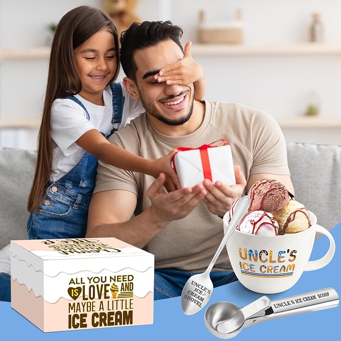 FUTBU Uncle Gifts, Uncle Gifts from Niece/Nephew, Uncle's Ice Cream Bowl Scoop Shovel Spoon Set, Uncle’s Ice Cream Gift Xmas Birthday Father's Day Present for Him