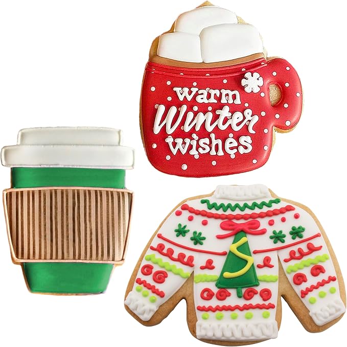 Ann Clark Cozy Winter Cookie Cutters 3-Pc Set (Coffee Mug, Latte Cup, Sweater) Made in USA