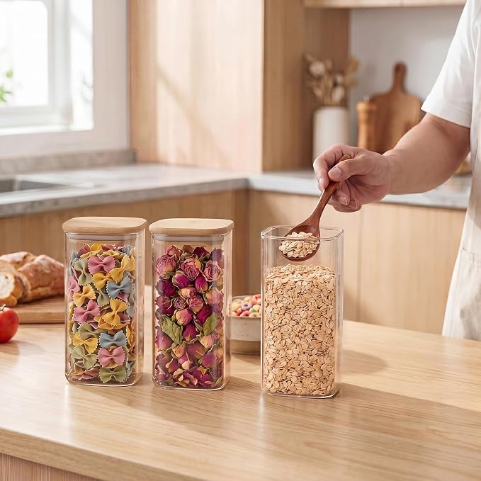 SENTVEND 51 Oz Glass Jars - 3 Pack Food Storage Containers with Lids Square | Food-grade durable clear canister, Bamboo seal cover, Stackable, BPA-Free, Ideal for sorting oats, Coffee beans, Rice & More