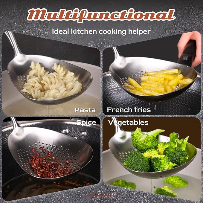 Skimmer Slotted Spoon - 304 Stainless Steel Mesh Strainer Spoon - 15in Large Slotted Pasta Spoon with Wooden Handle - Colanders & Food Strainers Spoon for Kitchen Cooking Draining and Frying
