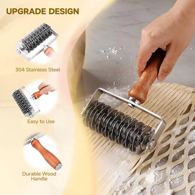 Pastry Lattice Roller Cutter, Stainless Steel Dough Cutter Wheel with Wood Handle, Time-Saver Baking Tools for Beef Wellington Pie Crust Pizza Bread, JKUS20408 | Dough Cutter Wheel Time-Saver Baking Tools for Beef Wellington Pie Crust Pizza Bread