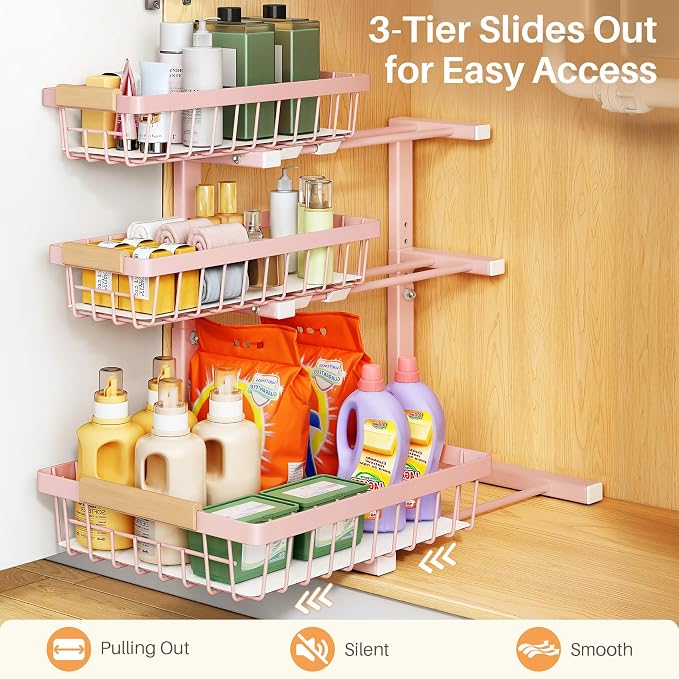 PXRACK Under Sink Organizer, 1-Pack 3-Tier Height Adjustable Thickened Metal Pull out Cabinet Organizer Shelf, Slide out Storage Drawer Rack for Bathroom Kitchen Pantry Home Organization, Pink