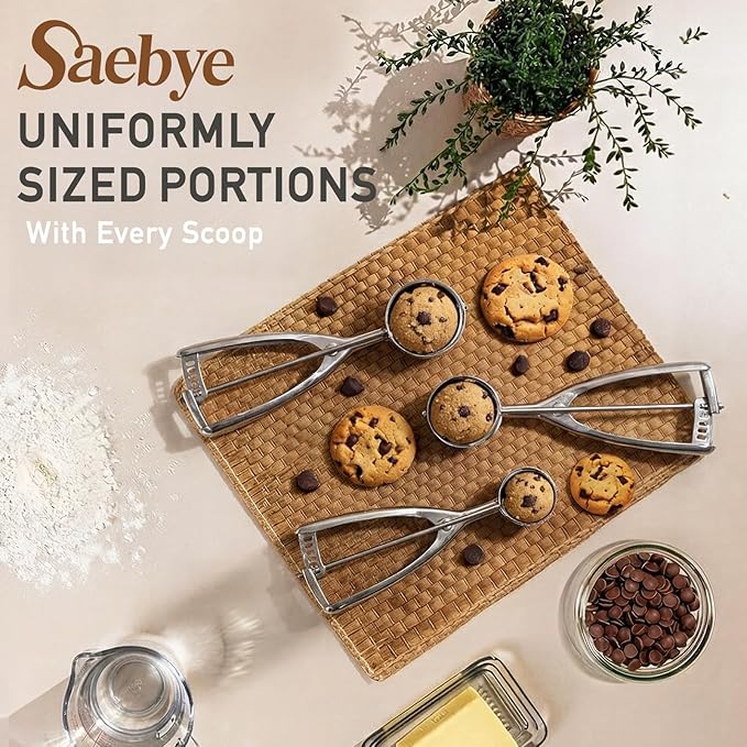 Saebye Cookie Scoop Set, Cookie Scoops for Baking Set of 3, Cookie Dough Scoop, 1 Tbsp/ 2 Tbsp/ 3 Tbsp, Melon Baller Scoop, Ice Cream Scoop with Trigger, for Cookie Cupcake Muffin Ice Cream Truffles