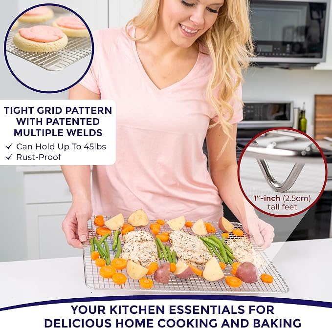 KITCHENATICS Half Sheet Wire Rack Rust Free Even Airflow 11.8 x 16.9 Inches | Fits inside a standard half sheet pan to lift food for even heat while baking, grilling or cooling