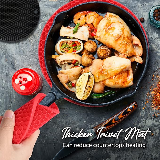 4 Pack Silicone Trivet for Hot Dishes | Heat Resistant Silicone Pot Holders for Kitchen Countertops, Hot Dishes, Jar Opener, Spoon Holder, Easy to Wash and Dry, Red